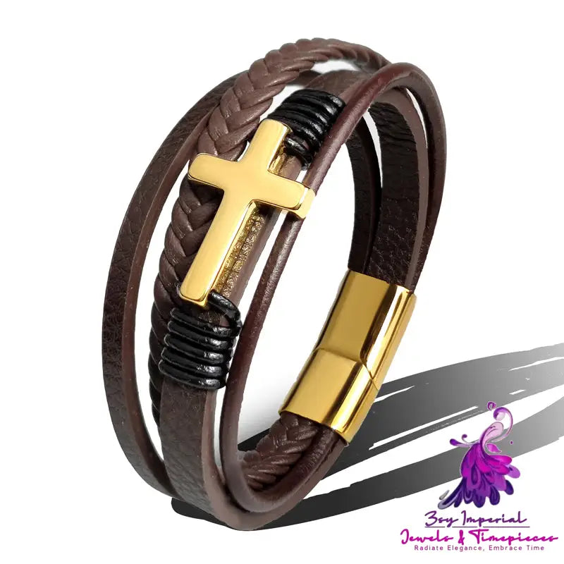 Stainless Steel Leather Cross Brown Black Bracelet Men