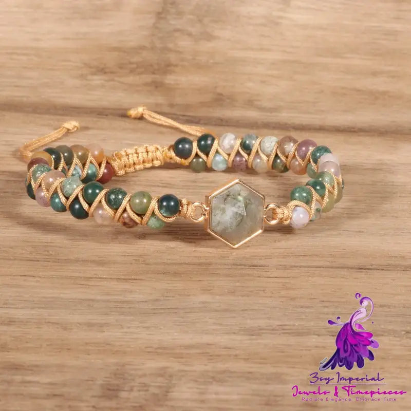 Indian Agate Hexagonal Charm Braided Bracelet