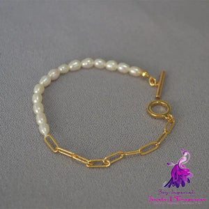 Freshwater Rice Grain Pearl Gold Paper Clip Chain Bracelet