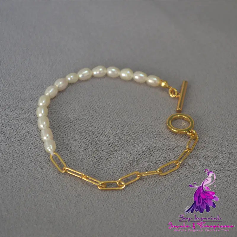 Freshwater Rice Grain Pearl Gold Paper Clip Chain Bracelet