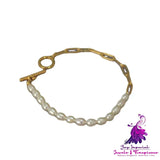 Freshwater Rice Grain Pearl Gold Paper Clip Chain Bracelet