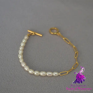 Freshwater Rice Grain Pearl Gold Paper Clip Chain Bracelet