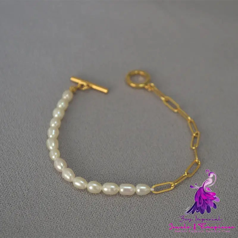 Freshwater Rice Grain Pearl Gold Paper Clip Chain Bracelet