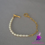 Freshwater Rice Grain Pearl Gold Paper Clip Chain Bracelet