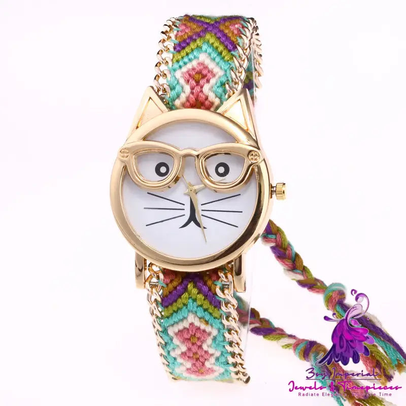 Cat Face Woolen Chain Bracelet Watch