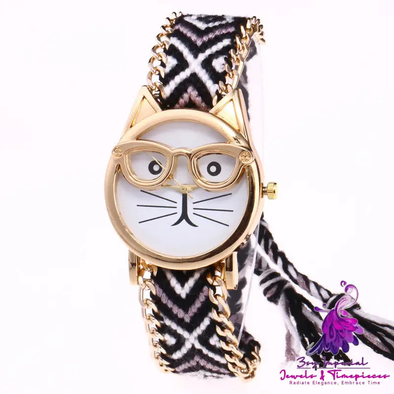 Cat Face Woolen Chain Bracelet Watch