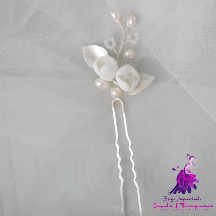 Ceramic Flower Pearl Hair Fork