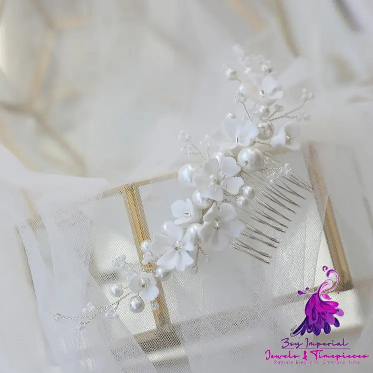 White Ceramic Flower Bridal Hair Comb Shell