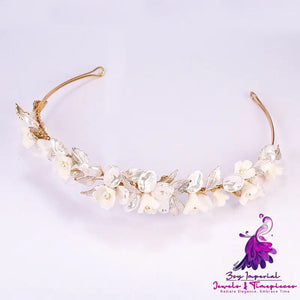 Golden Leaf Bridal Headwear Ceramic Flower Hair Ring