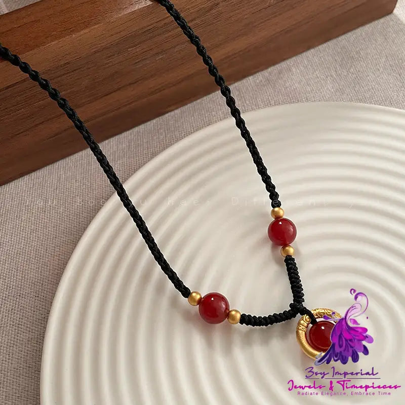 Red Agate Ping An Handwoven Rope Necklace