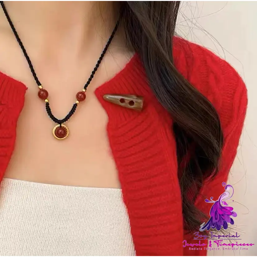 Red Agate Ping An Handwoven Rope Necklace