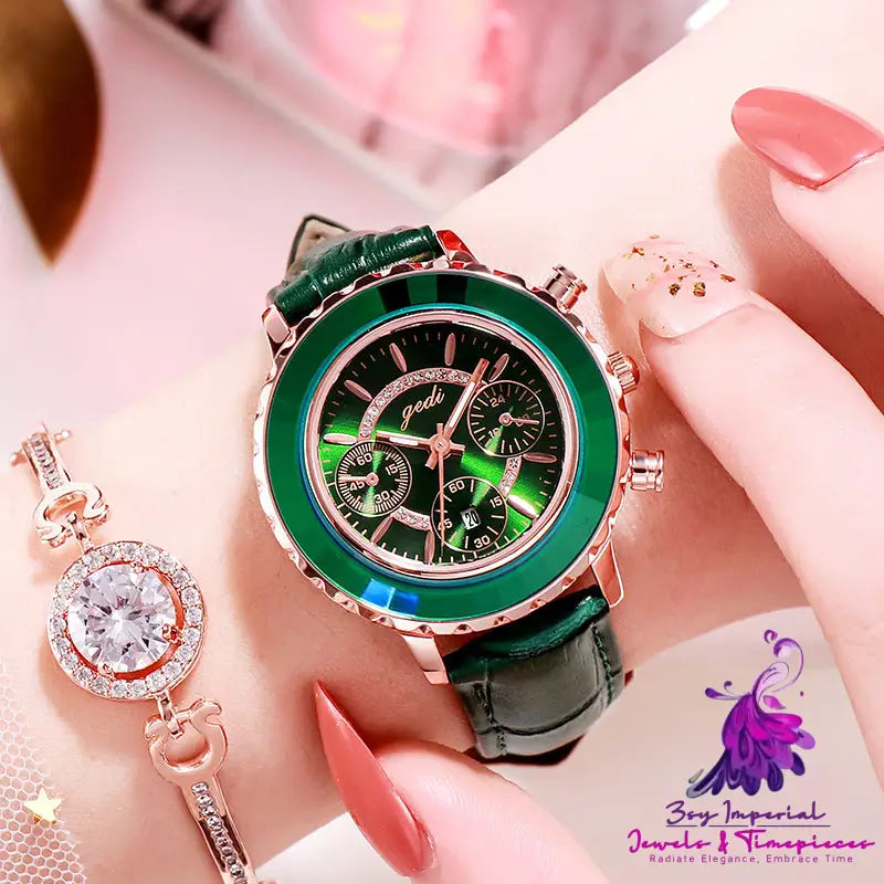 Green Leather Strap Ladies Calendar Watch