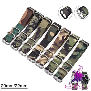 Premium Camo Nylon Watch Band with Integrated Steel Ring