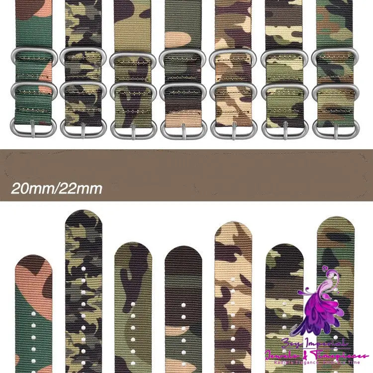 Premium Camo Nylon Watch Band with Integrated Steel Ring