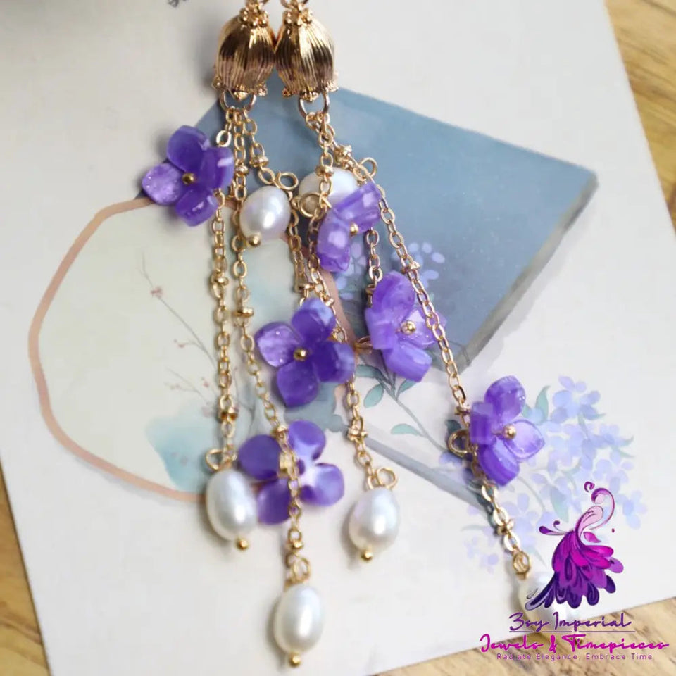 Purple Embroidered Ball Long Tassel Ear Clip Niche