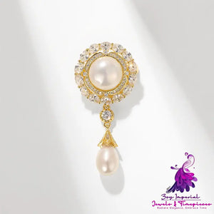 Zircon Brooch Round Water Drop Pearls Pin