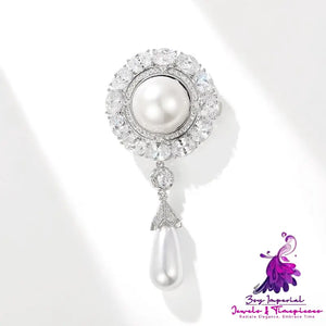 Zircon Brooch Round Water Drop Pearls Pin