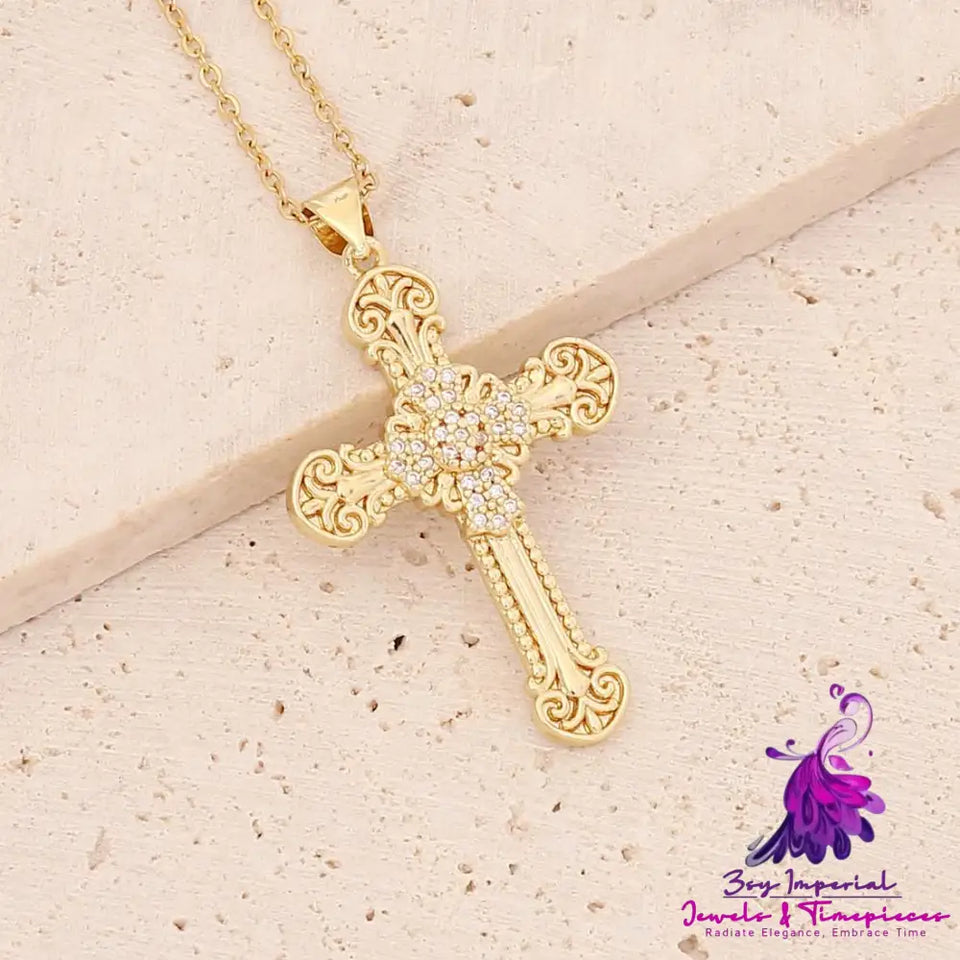 Copper Inlaid Zircon Cross Necklace