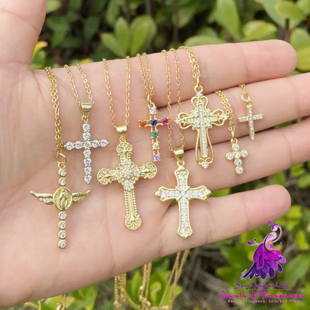 Copper Inlaid Zircon Cross Necklace