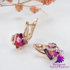 Creative Rose Gold Square Red Crystal Diamond Earrings