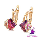 Creative Rose Gold Square Red Crystal Diamond Earrings