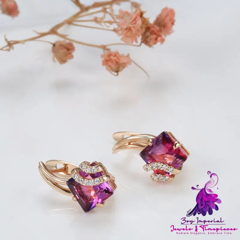 Creative Rose Gold Square Red Crystal Diamond Earrings