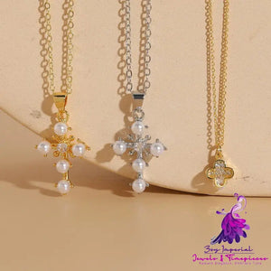 Fashion Cross Zircon Pearl Necklace