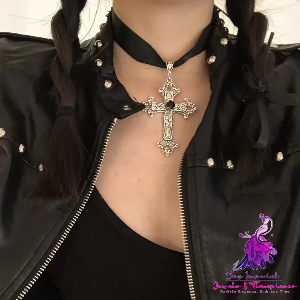 Punk Gothic Cross Ribbon Necklace