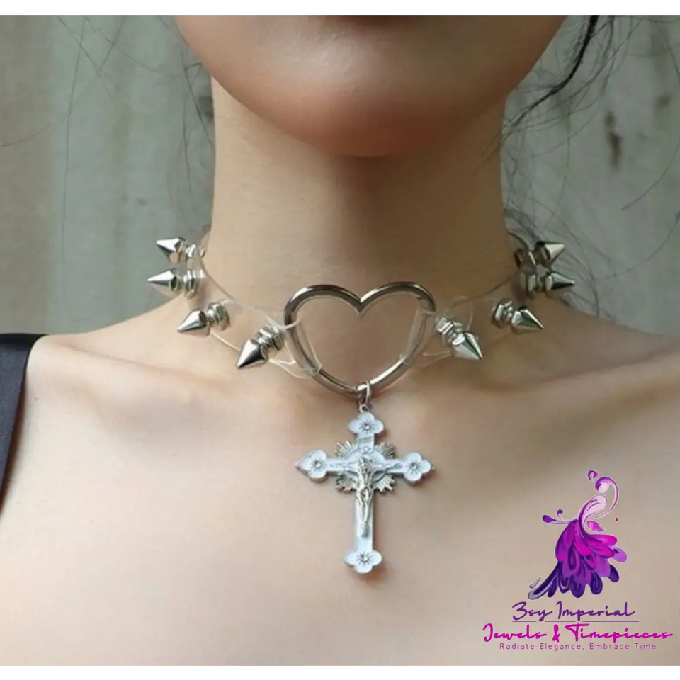 Leather Punk Thorn Cross Collar