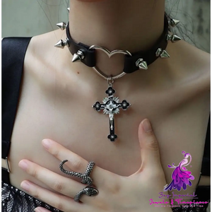 Leather Punk Thorn Cross Collar