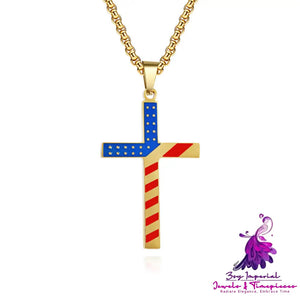 Star-Spangled Banner Titanium Steel Cross Necklace Wearing