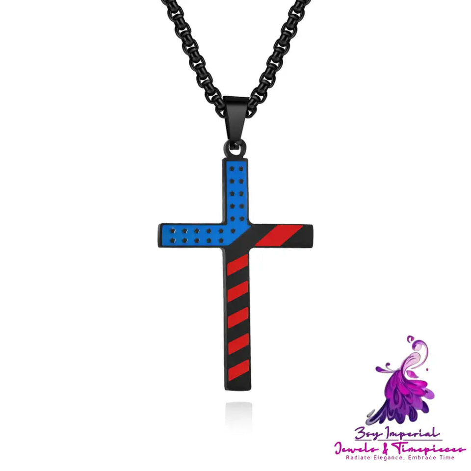 Star-Spangled Banner Titanium Steel Cross Necklace Wearing