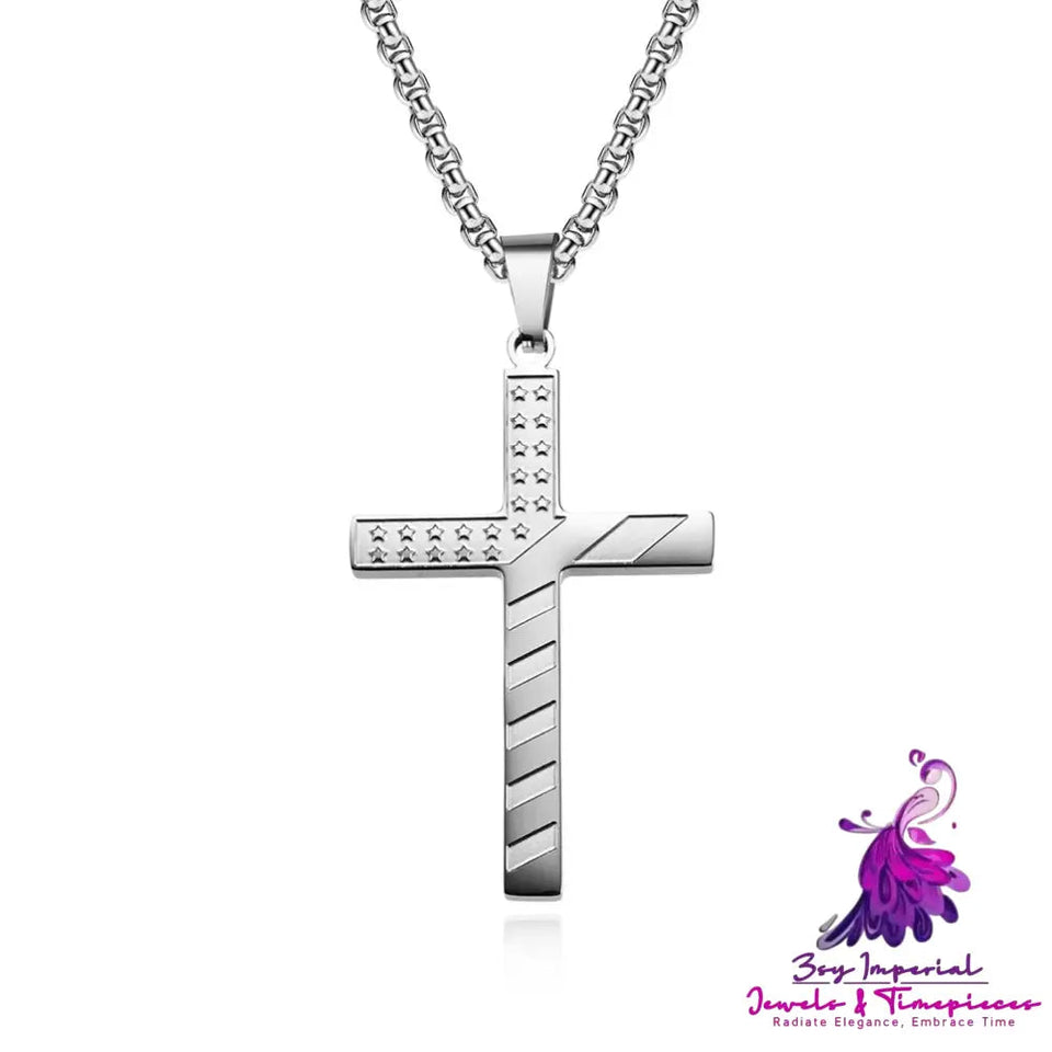 Star-Spangled Banner Titanium Steel Cross Necklace Wearing