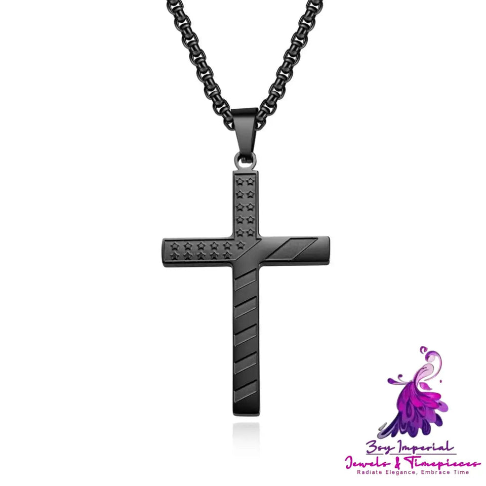 Star-Spangled Banner Titanium Steel Cross Necklace Wearing