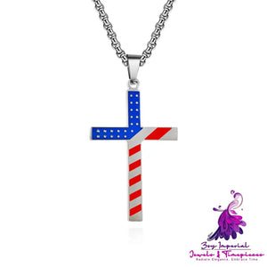 Star-Spangled Banner Titanium Steel Cross Necklace Wearing