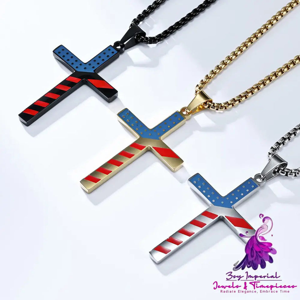 Star-Spangled Banner Titanium Steel Cross Necklace Wearing