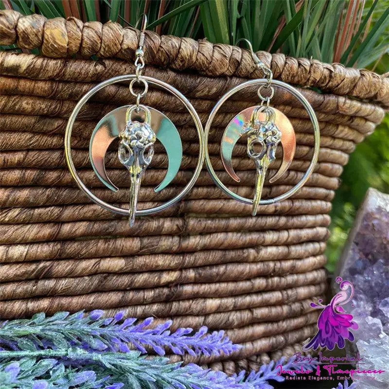 Crow Head Circle Pendant Earrings Halloween Themed