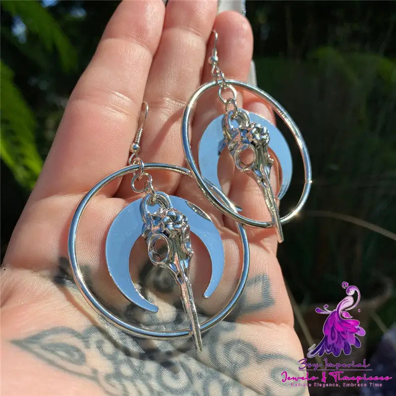 Crow Head Circle Pendant Earrings Halloween Themed