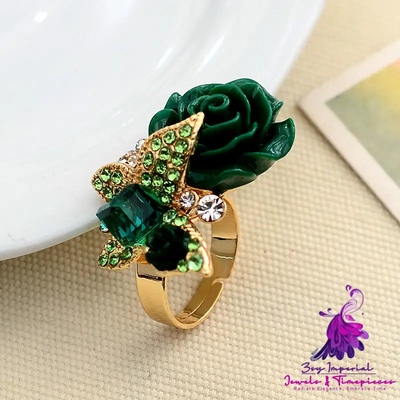 Full Diamond Crystal Rose Flower Ring