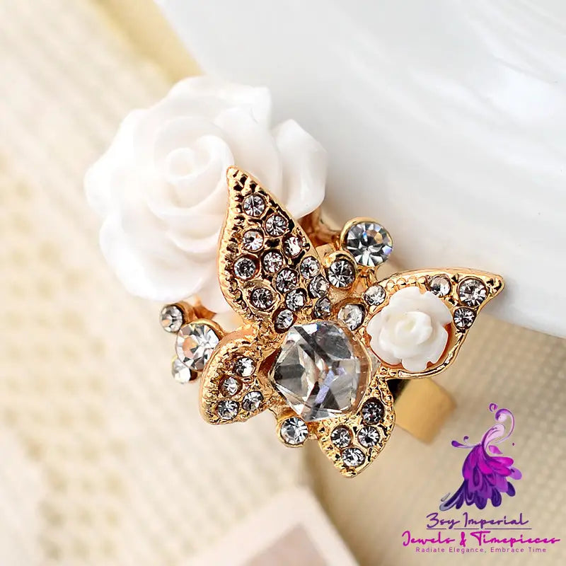 Full Diamond Crystal Rose Flower Ring