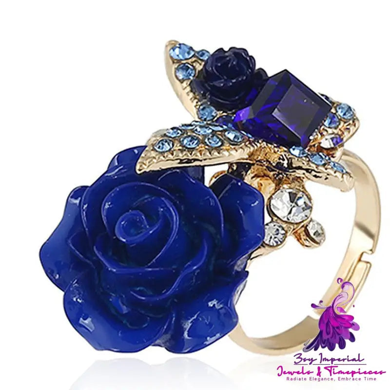 Full Diamond Crystal Rose Flower Ring