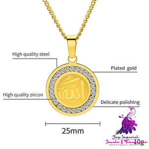 Fashion Stainless Steel Round Plate Crystal Pendant Necklace