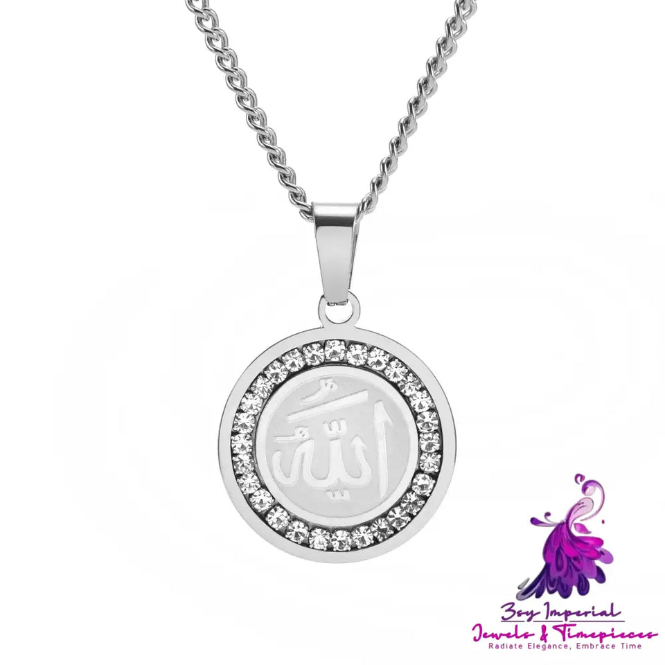 Fashion Stainless Steel Round Plate Crystal Pendant Necklace