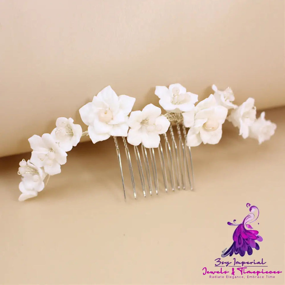 White Ceramic Flower Crystal Hair Comb