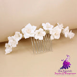 White Ceramic Flower Crystal Hair Comb