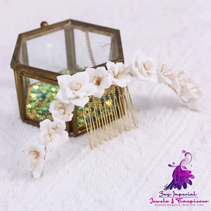 White Ceramic Flower Crystal Hair Comb