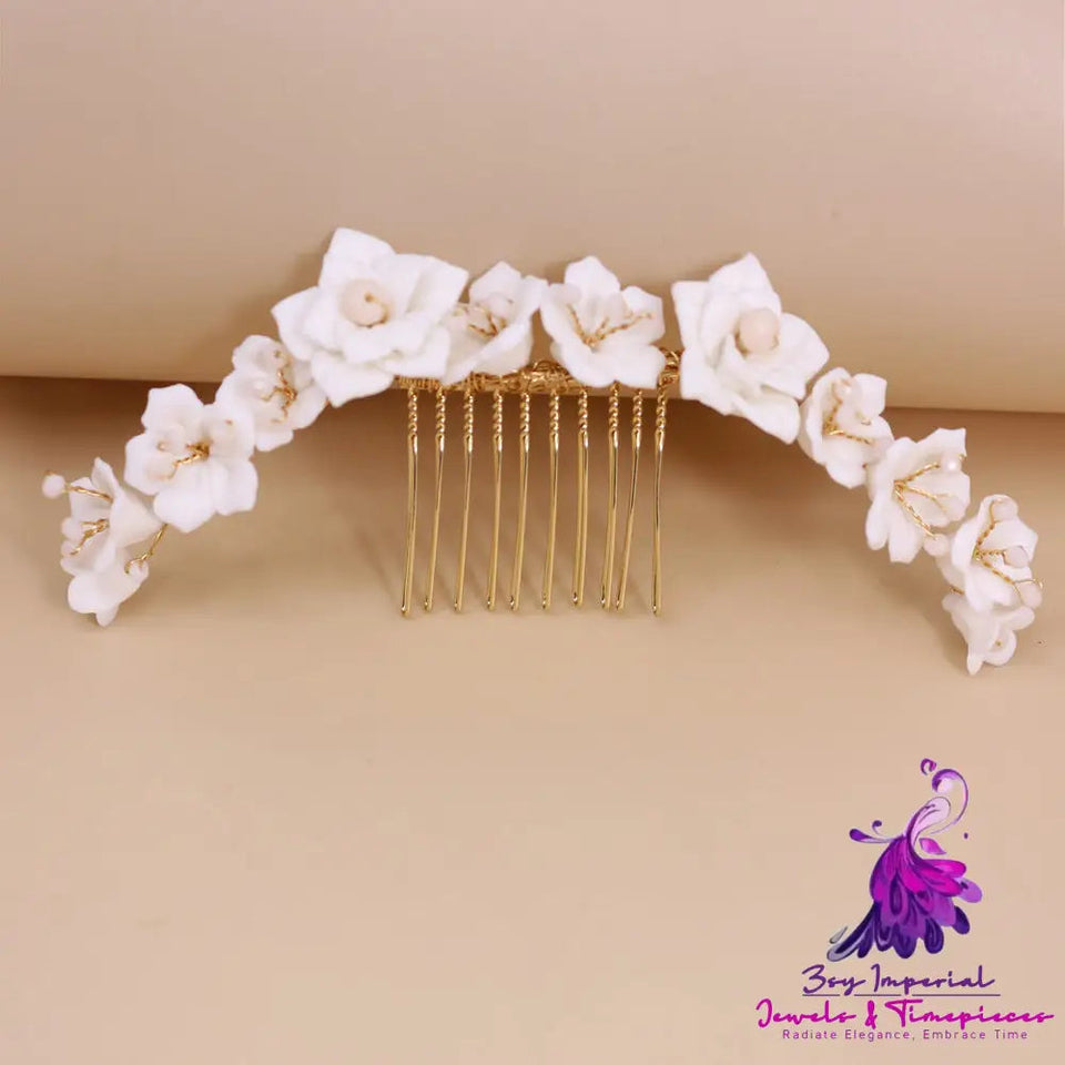 White Ceramic Flower Crystal Hair Comb