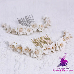 White Ceramic Flower Crystal Hair Comb