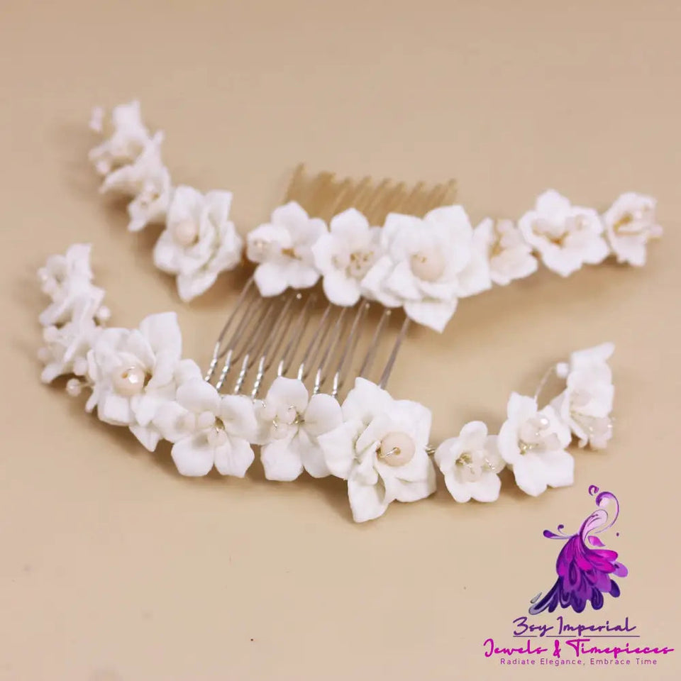 White Ceramic Flower Crystal Hair Comb