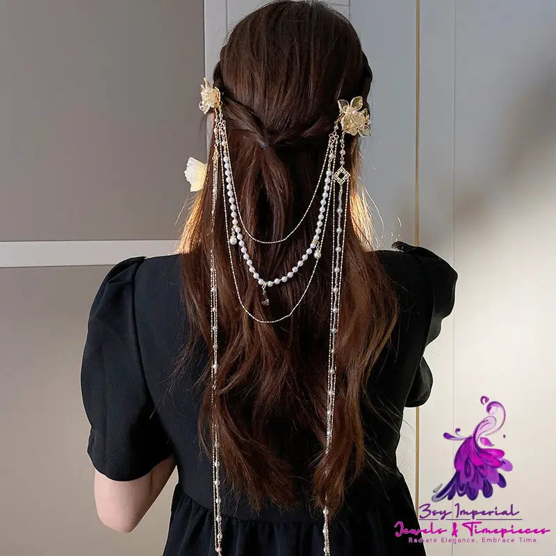 Pearl Studded Diamond Flower Long Tassel Hair Clip